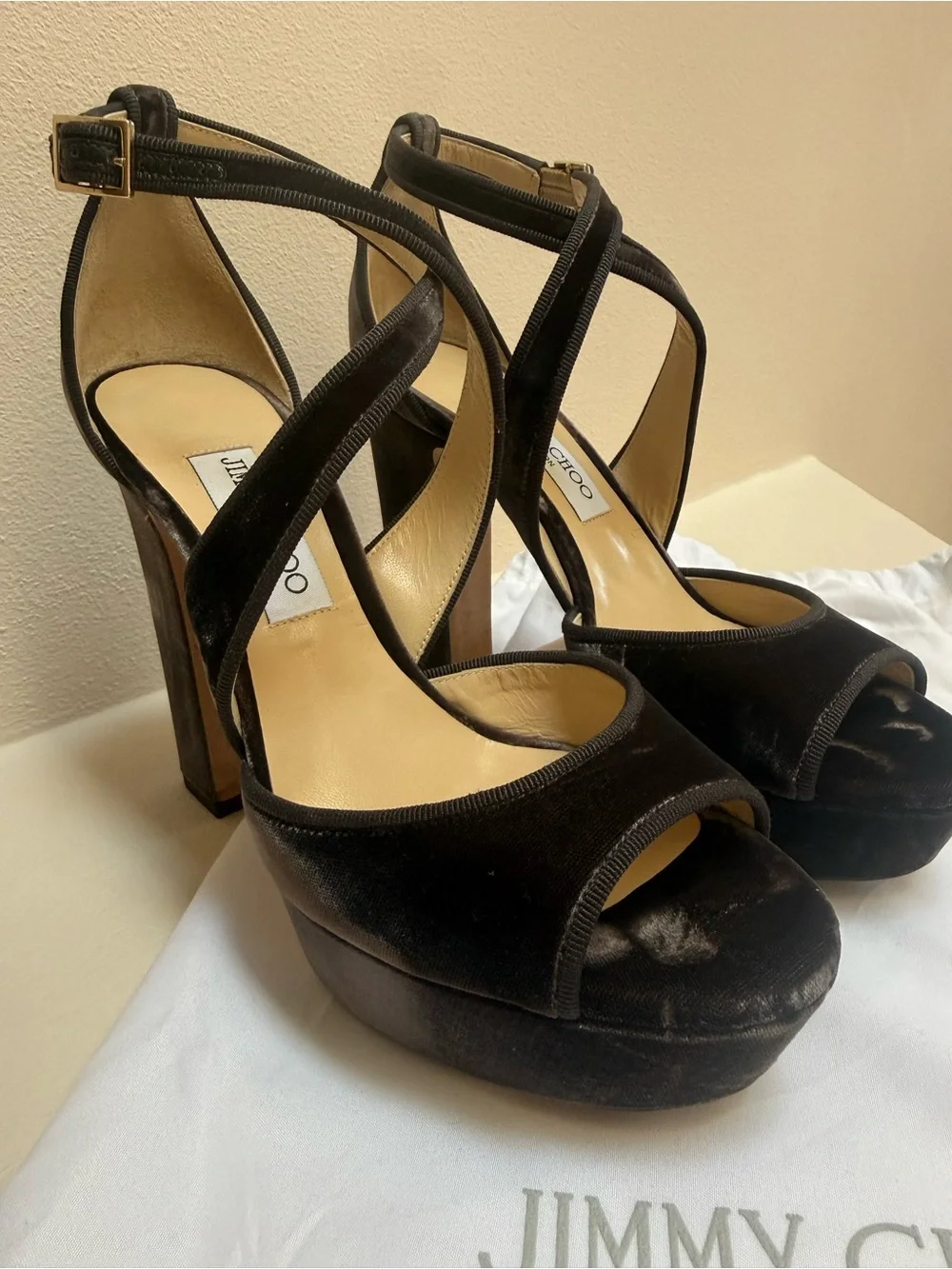 Jimmy Choo Black Velvet Platform Sandals with Crisscross Straps